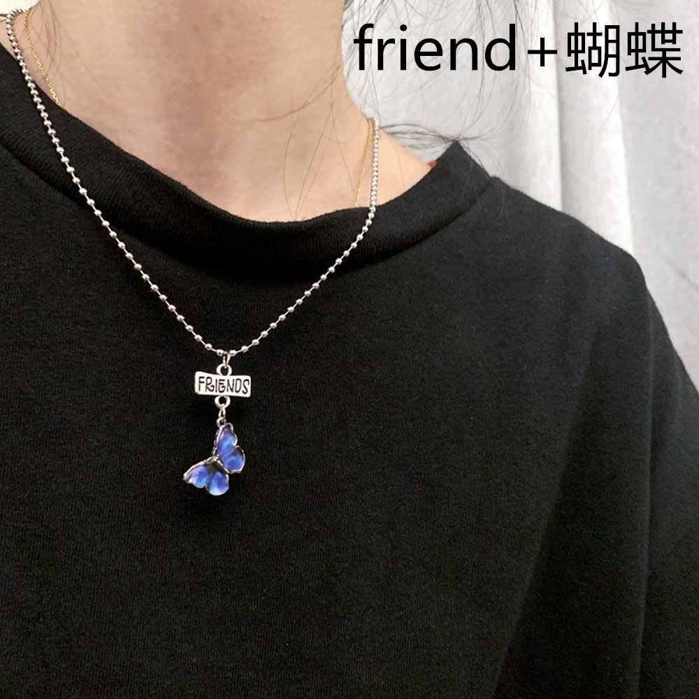 Dây chuyền unisex mặt khắc chữ Best/Friend và hình bướm màu xanh dương phong cách Hàn Quốc