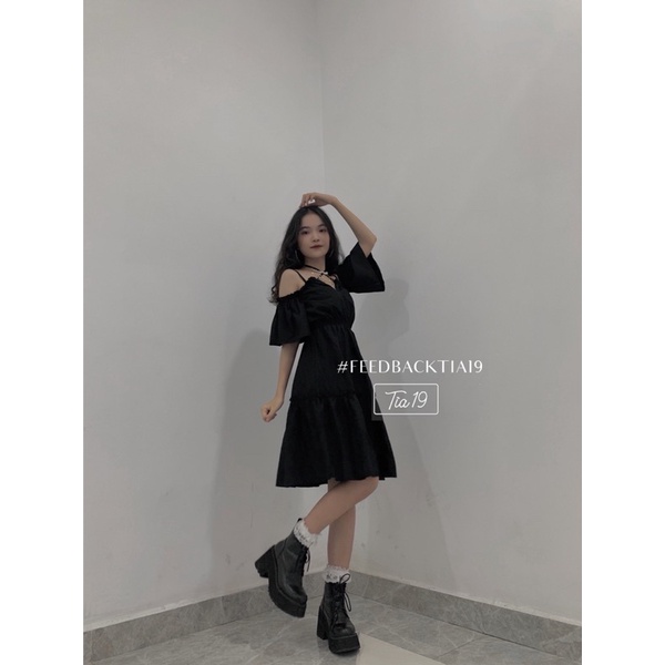 Váy hai dây đen tay trễ . Đầm hai dây trễ vai ulzzang ( Ảnh thật Tia19 chụp) | BigBuy360 - bigbuy360.vn