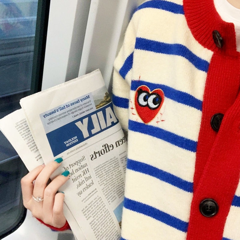 Áo khoác cardigan dệt kim dáng rộng họa tiết kẻ sọc thời trang xuân thu phong cách Hàn Quốc cho nữ