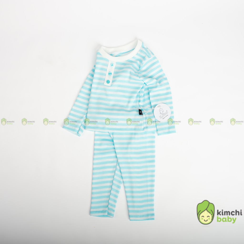 Đồ Bộ Bé Trai, Bé Gái KIMCHIBABY Vải Thun Gân Hoạ Tiết Sọc Ngang Cúc Cổ, Bộ Quần Áo Trẻ Em Thu Đông KWTD2105