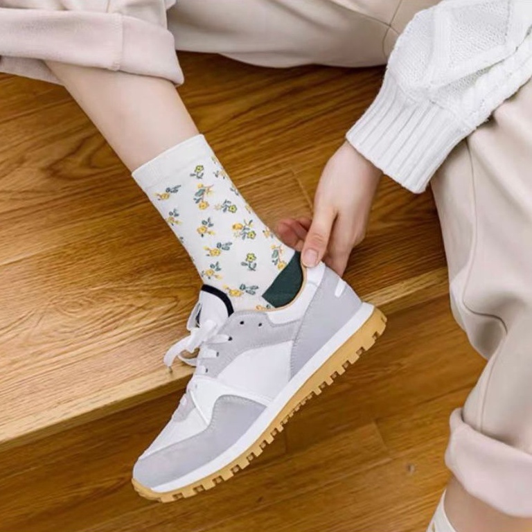 Vớ tất unisex họa tiết chéo, sọc hoa xanh cổ cao