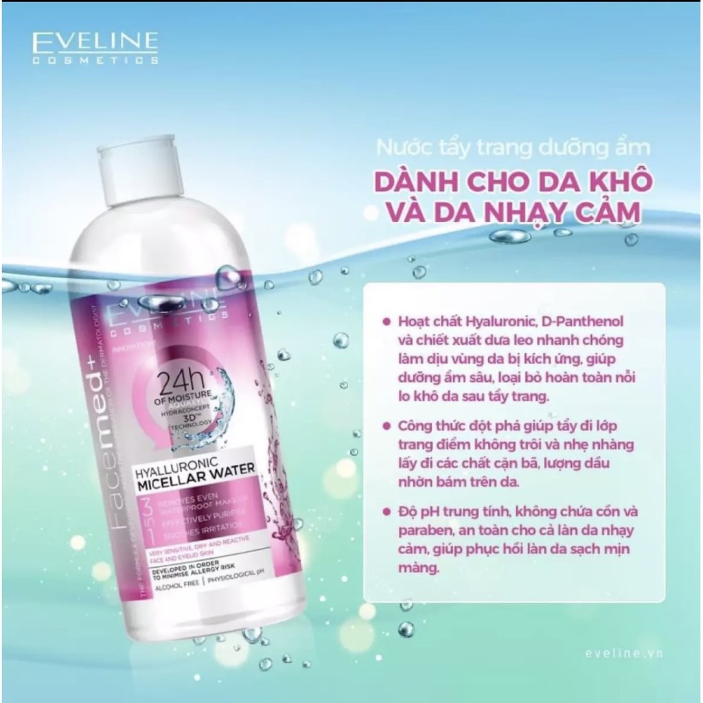 Nước tẩy trang cho da khô và nhạy cảm EVELINE - 400ml không chứa cồn và Paraben