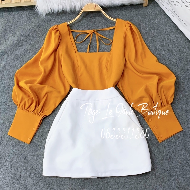 ❖♀☍Áo cổ vuông tay phồng thắt nơ sau dáng Croptop A46 | BigBuy360 - bigbuy360.vn