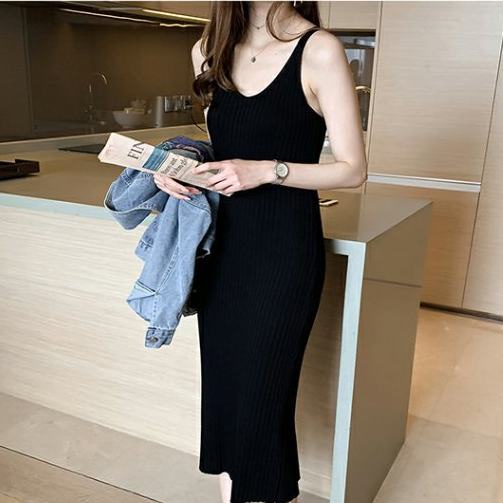 Đầm Dệt Kim Hai Dây Màu Đen Thời Trang Mùa Hè Cho Nữ