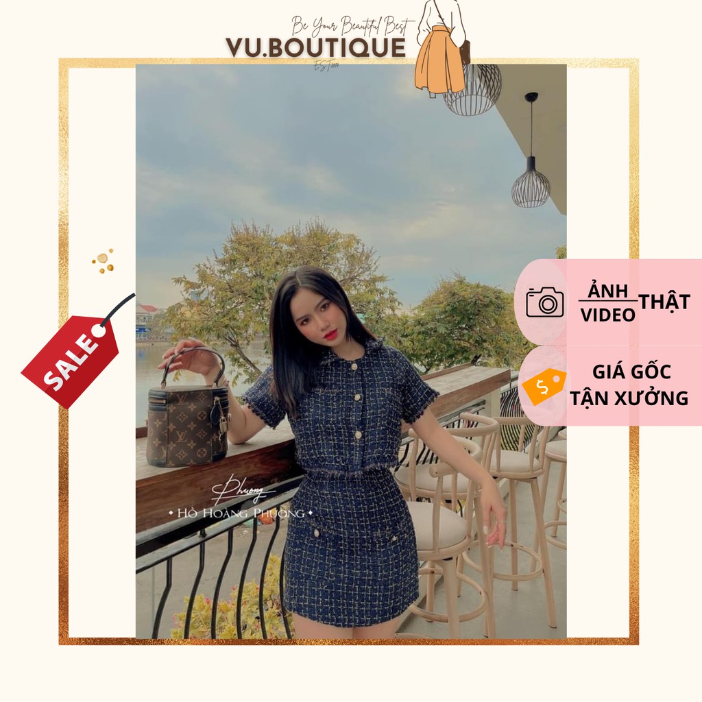 Set dạ xanh tưa lai áo croptop + chân váy form chữ A