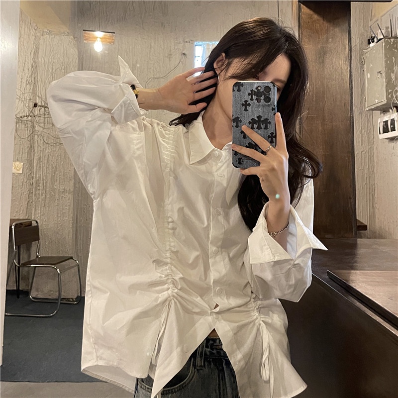 Áo Sơ Mi Trắng Tay Dài Dáng Rộng Cổ Polo Phối Dây Rút Phong Cách Hàn Quốc Thời Trang Cho Nữ
