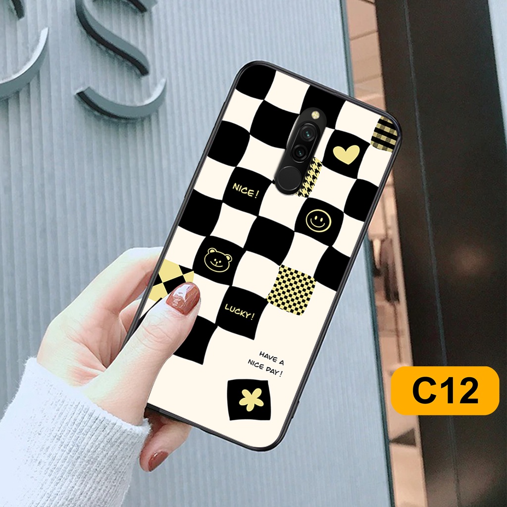 Ốp lưng Xiaomi Redmi 8 in hoạ tiết caro trái tim đen trắng, gấu bear cute đáng yêu