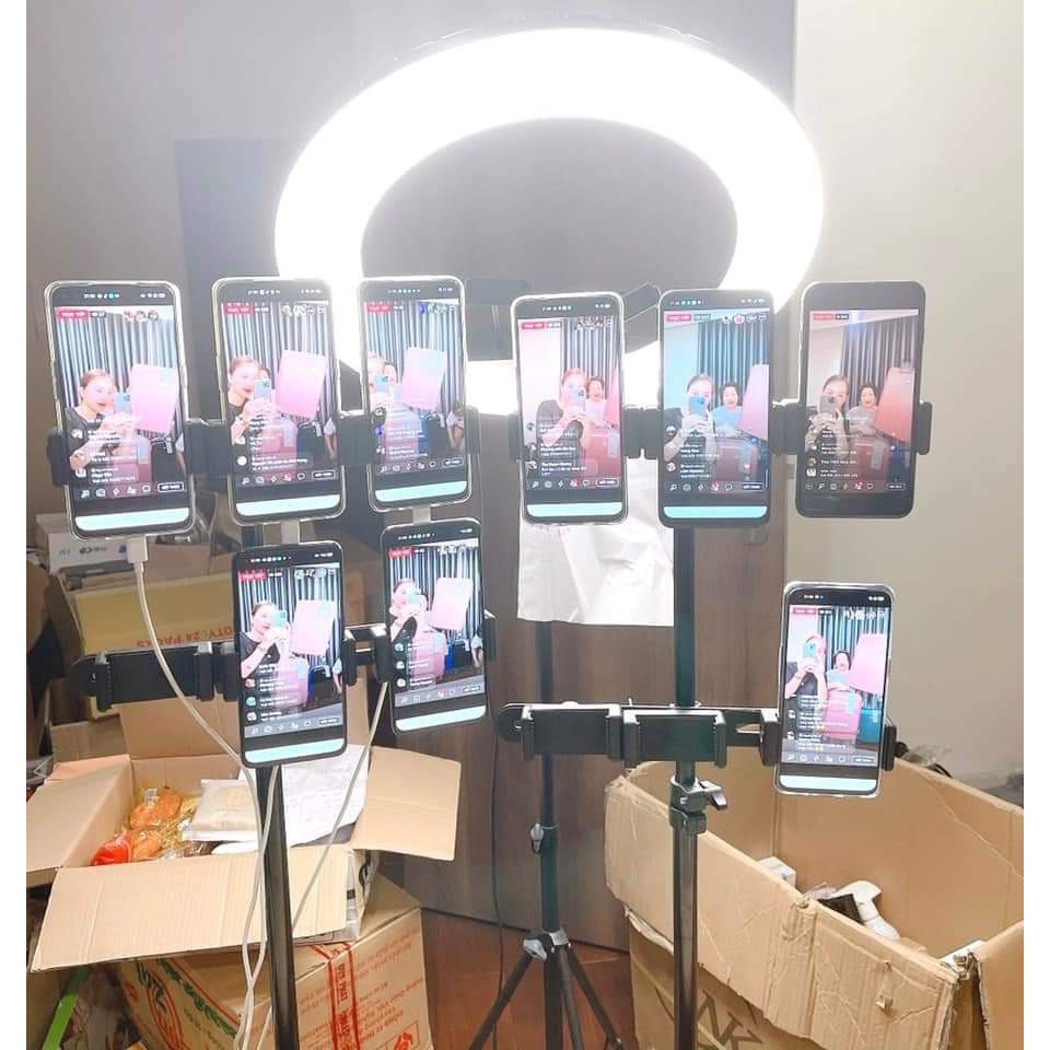 Bộ kẹp nhiều điện thoại cho đèn livestream  kèm chân cao 2m1 bán hàng onl facebook tiktok