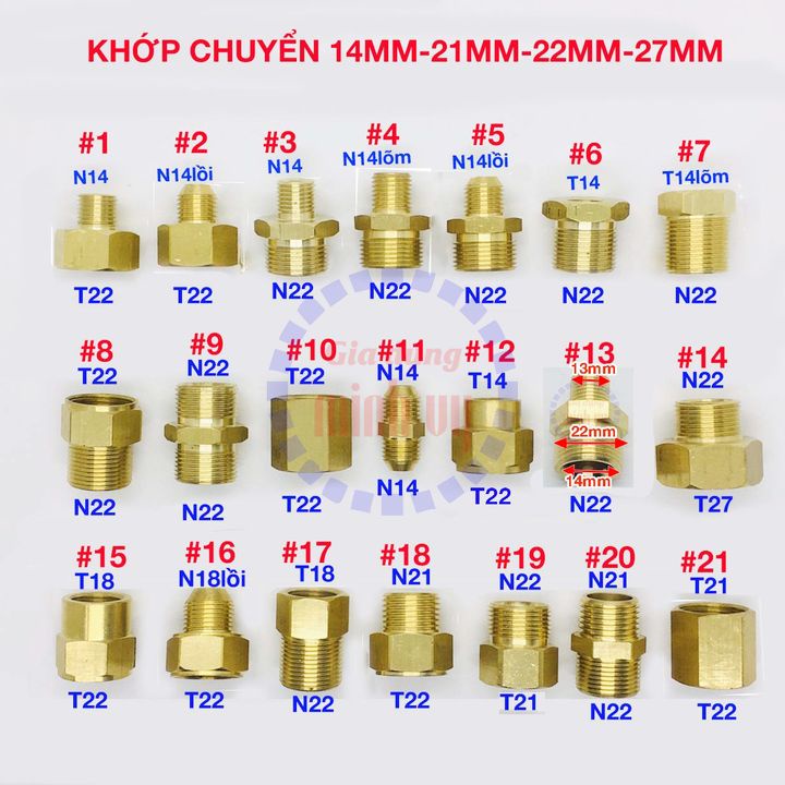 Tổng hợp các khớp chuyển ren 14mm 13mm 21mm 22mm 27mm - dùng cho các dòng máy rửa xe phổ biến