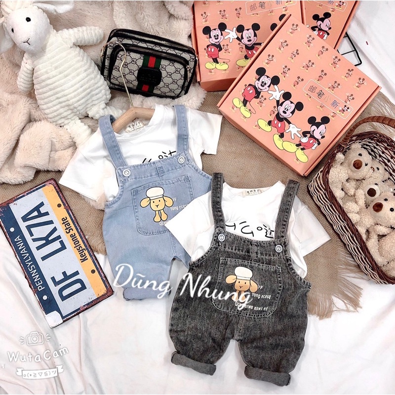 Xả Set yếm jean kèm áo cotton chữ cho bé