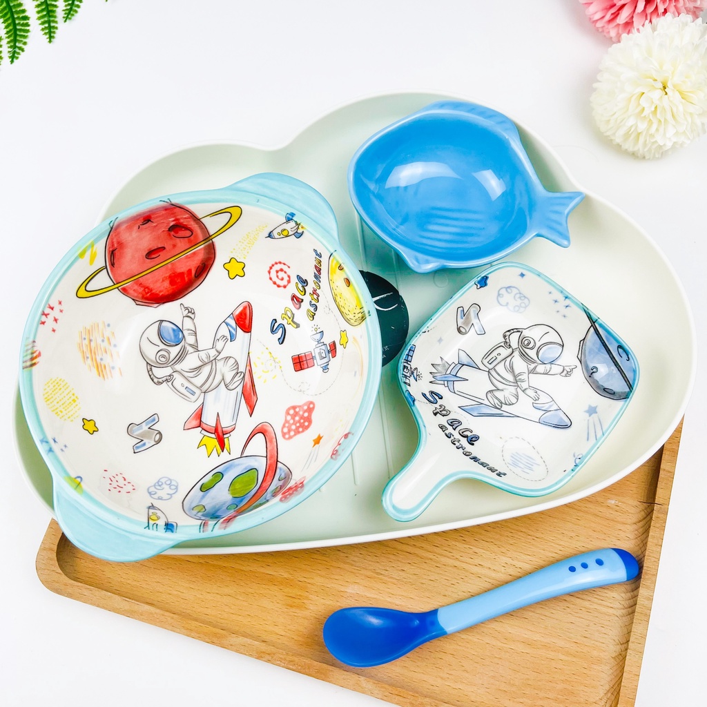 Set Bát Sứ Ăn Dặm Cho Bé Kiểu Nhật Đủ Màu, Combo Bát Ăn Dặm Gốm Sứ Gồm Khay Bát Thìa Báo Nóng Cao Cấp Babyducky