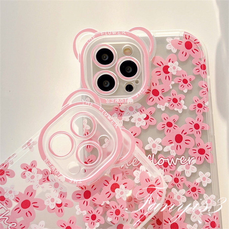 Ốp Điện Thoại Mềm Trong Suốt Họa Tiết Hoa Và Tai Gấu Cho iPhone 14 13 12 11 Pro Max X XR Xs Max 8 7 6 6s Plus SE 2020