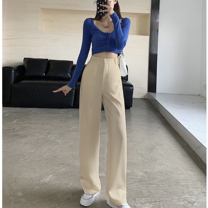 Quần ống rộng nữ cạp cao bigsize dáng suông đứng công sở mặc nhà đẹp LAVILO QD04