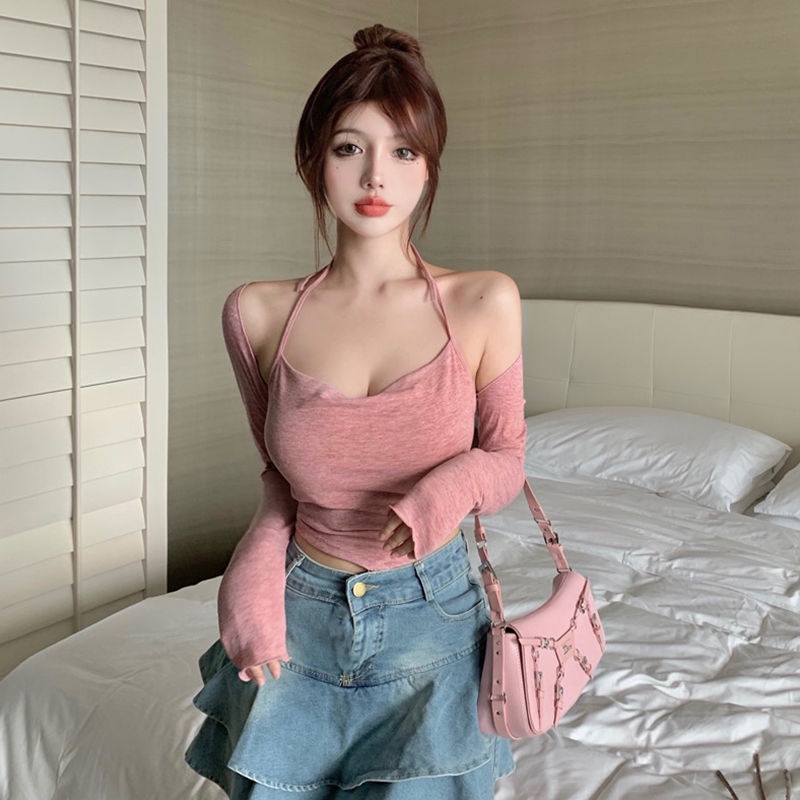 Set đồ COZOKC gồm áo hai dây và áo cardigan dài tay thiết kế quyến rũ cho nữ