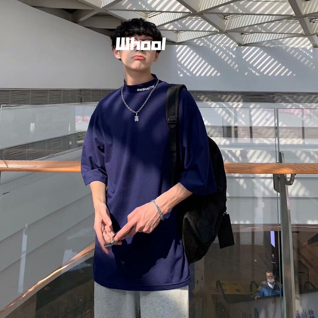 Áo Thun Tay Ngắn Cổ Cao Dáng Rộng Màu Đen Phong Cách Hàn Quốc Thời Trang Mùa Hè Cho Nam Size m-2xl