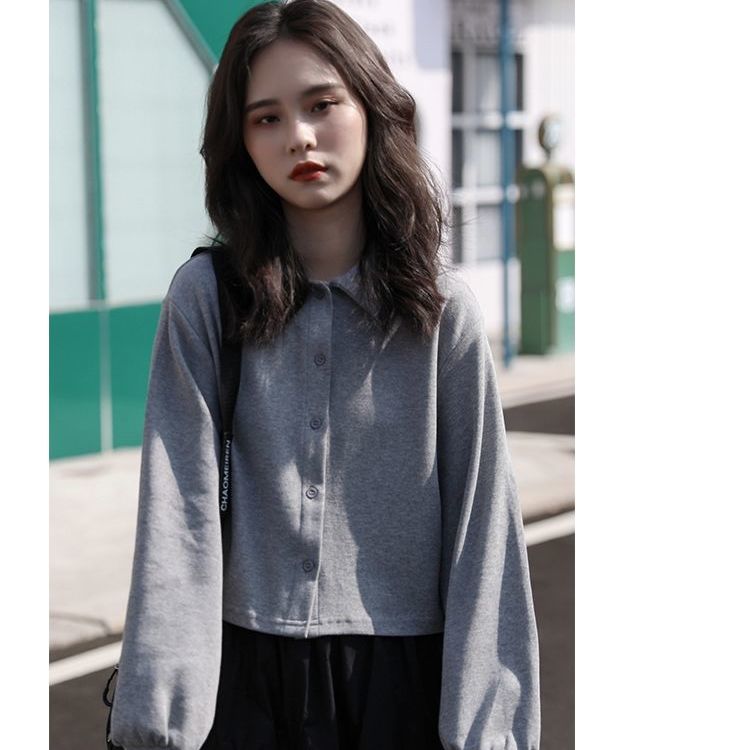 Áo dáng lửng dài tay cổ bẻ thời trang đơn giản cho bạn nữ