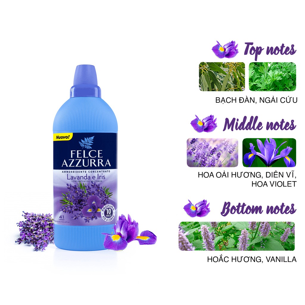 Nước xả vải đậm đặc hương nước hoa Ý Felce Azzurra 1.025 L, hương thơm xạ hương trắng, oải hương, cỏ sả, phấn talc