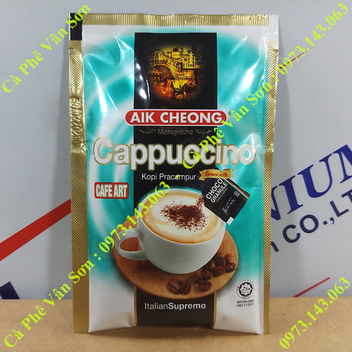 Thùng Cà phê Cappuccino Aik Cheong 20 bịch 306g (12 gói * 25g) kèm gói Caocao nhỏ 0.5g