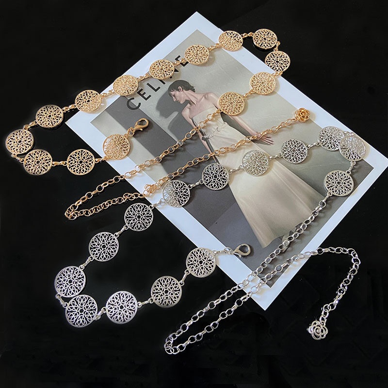 Thắt Lưng Dây Xích Mặt Tròn Khắc Họa Tiết Hoa Màu Vàng / Bạc Sang Trọng Thời Trang Cho Nữ