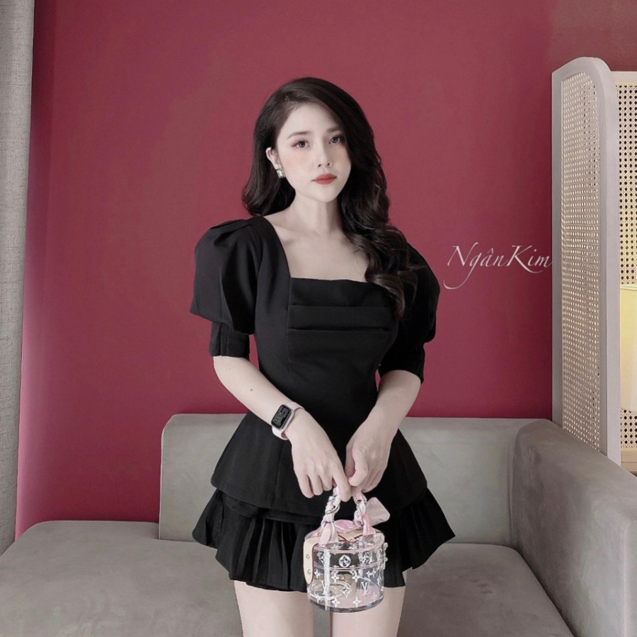 Áo kiểu sơ mi cổ vuông tay phồng phong cách Hàn Quốc sang chảnh đẹp 2 màu đen và trắng - Hia Store ACV0001
