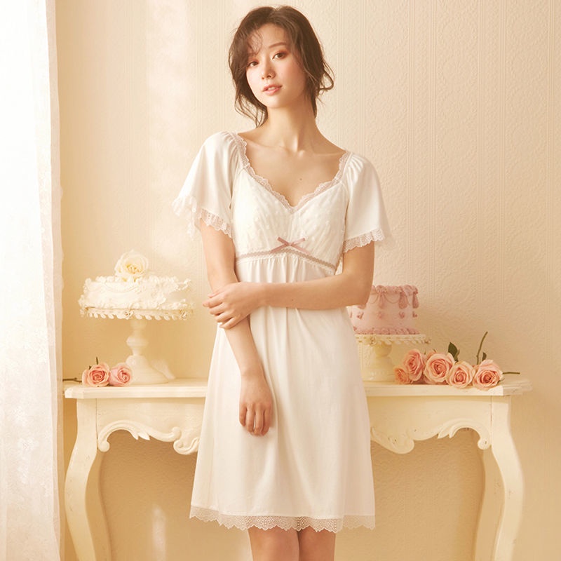 Đầm ngủ công chúa tay ngắn phối ren có đệm ngực thời trang mùa hè cho nữ
