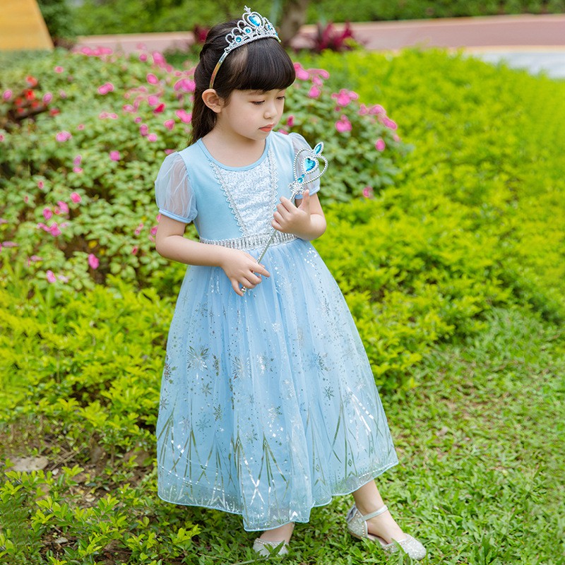 Váy Elsa Cho Bé Mẫu Mới Hè 2021 Màu Xanh Hãng AII Quảng Châu Cao Cấp, Chất Cotton Đẹp