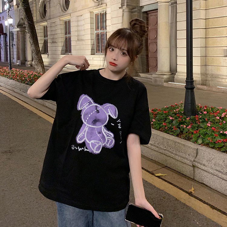 NRVP Áo thun tay ngắn cổ tròn mềm mại in họa tiết phong cách Hàn Quốc thời trang cho nữ