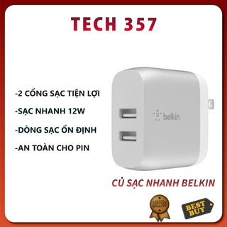 Củ sạc nhanh Belkin 2 cổng 24W | Chứng chỉ MFI sạc siêu nhanh không gây hại cho pin