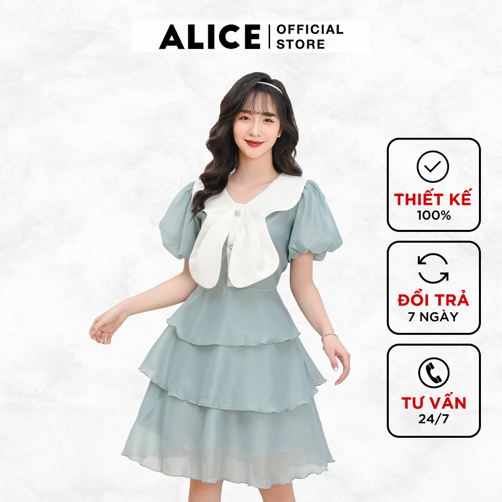 Đầm Thiết Kế Dự Tiệc ALICE Dáng Xòe Xếp Tầng Tay Bồng Nơ Ngực Sang Trọng Cho Nữ Dự Tiệc V697