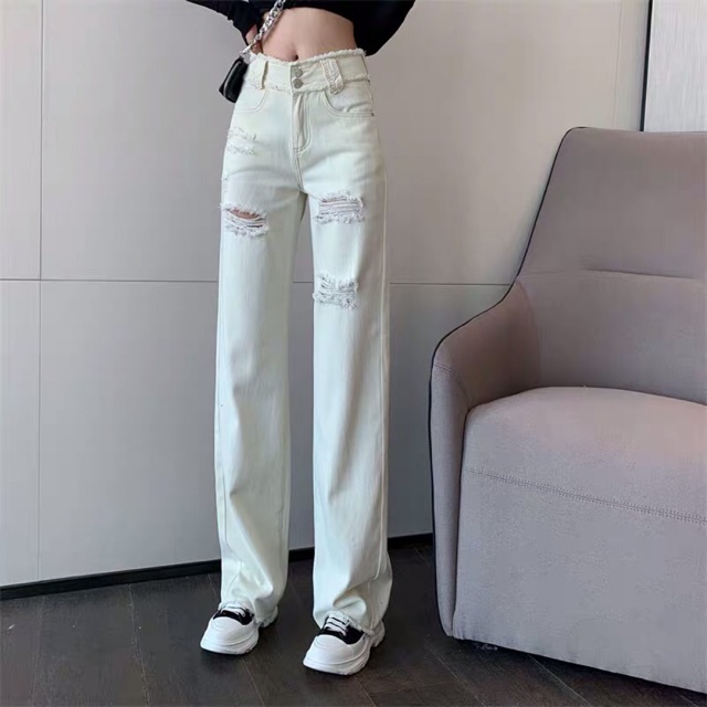 [Sẵn M] Quần jeans rách ống rộng màu trắng kem lưng cao Ulzzang / Quần jeans trắng ống suông rộng