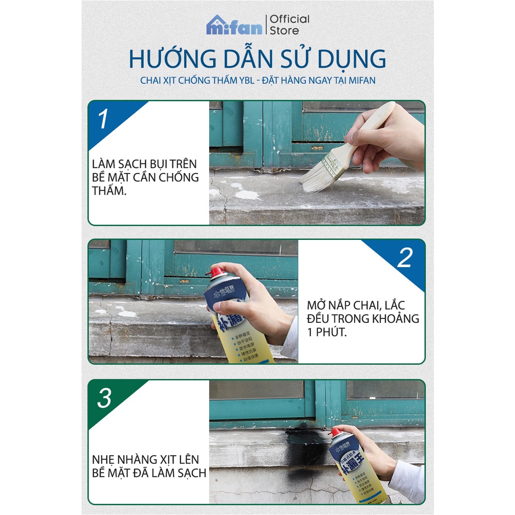 Bình Xịt Chống Thấm Nước YBL paint 450ml - Chống Dột Tường Trần Mái Nhà Sân Thượng - Mifan Hàng Chính Hãng