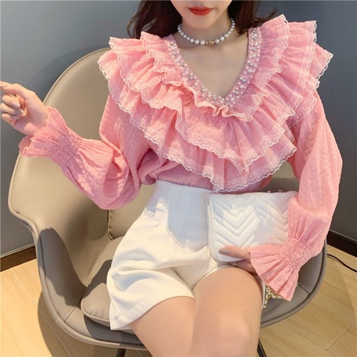 Áo sơ mi voan tay dài cổ chữ V viền ren đính hạt phong cách phương tây thời trang mùa thu cho nữ