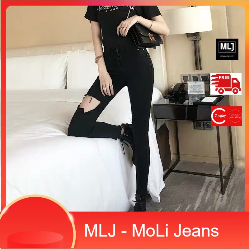 [40kg-100kg] Quần jean nữ dài màu đen tuyền lưng cao co dãn mạnh, rách đùi to dành cho BigSize 2707
