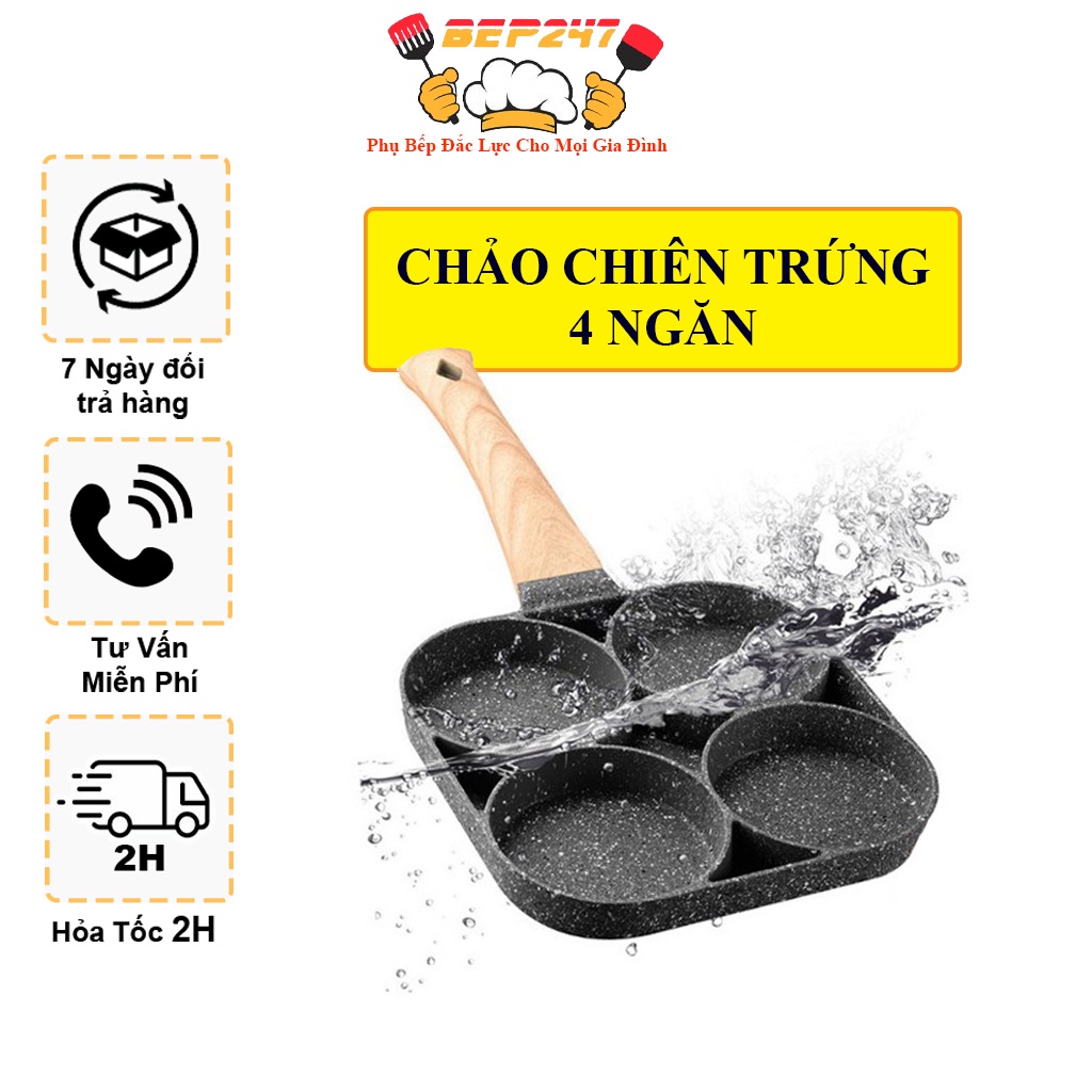 Chảo Chiên Trứng, Làm Bánh 4 Ngăn Chống Dính - Tay Cầm Gỗ Cách Nhiệt, Đá Maifan Siêu Bền, Dễ Dàng vệ Sinh Sạch Sẽ