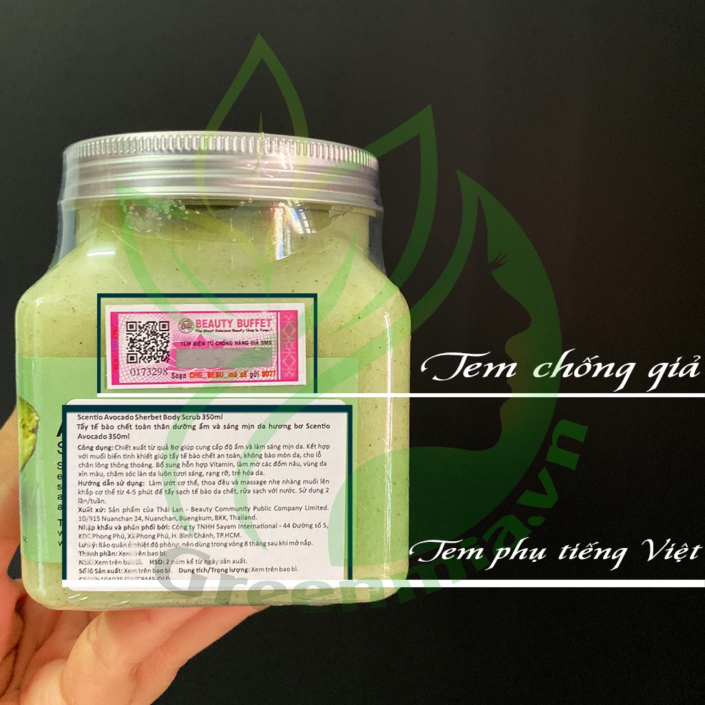 Tẩy Tế Bào Da Chết Toàn Thân Body [HƯƠNG BƠ] Dạng Muối Beauty Buffet Scentio Avocado 350ml [NHẬP KHẨU THÁI LAN]