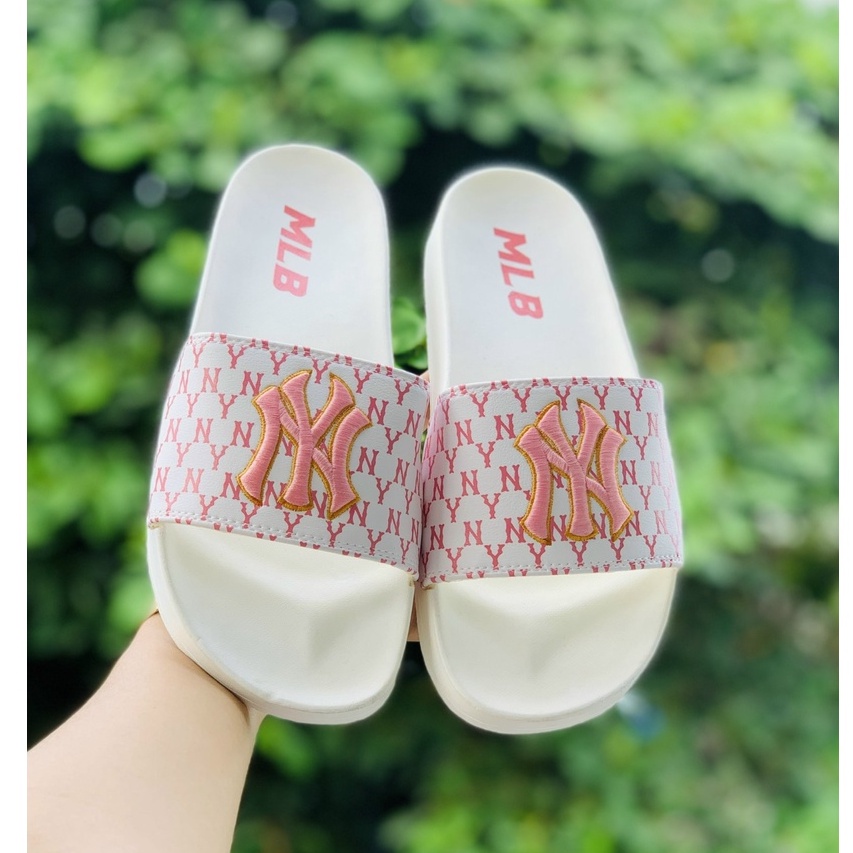 Dép 𝐌𝐋𝐁 UNISEX mẫu dép thể thao ❤️ Freeship + Hộp ❤️ Dép NY bóng chày quai ngang nam nữ chữ thêu nỗi kèm mác trắng hồng