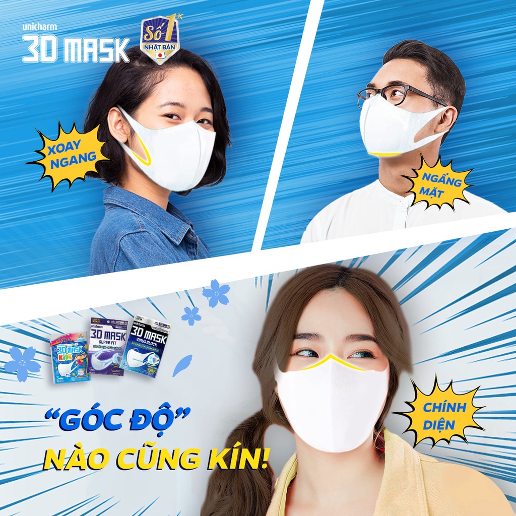 Combo 5 gói Khẩu trang ngăn vi khuẩn Unicharm 3D Mask Virus Block 5 cái/góiX5