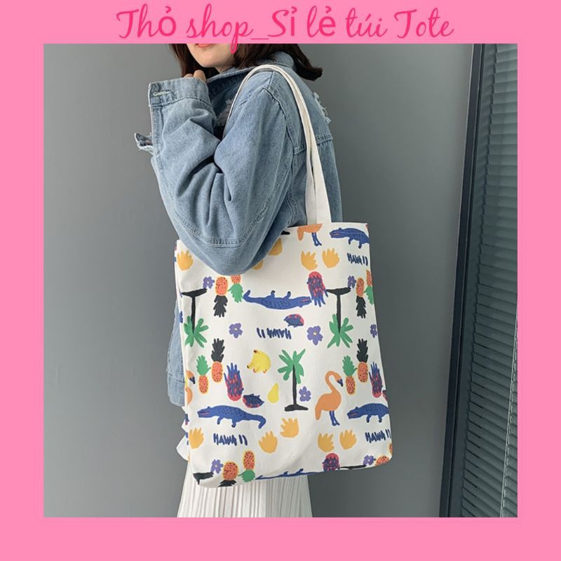 Túi tote vải canvas Ulzzang hoạt hình( có khóa kéo)