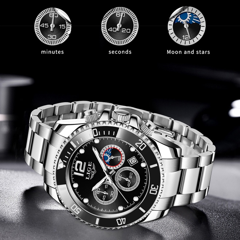 LIGE 8924 Men's Watch Fashion Stainless Steel Waterproof Quartz Automatic