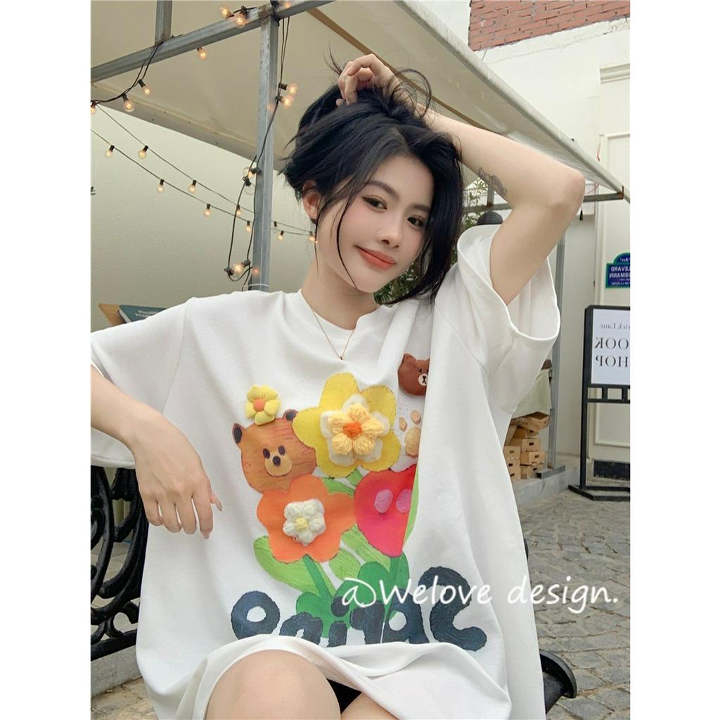 「 WELOVE1 」Áo Thun 100% Cotton Tay Ngắn Dáng Rộng In Họa Tiết Hoa Thời Trang Cho Nữ