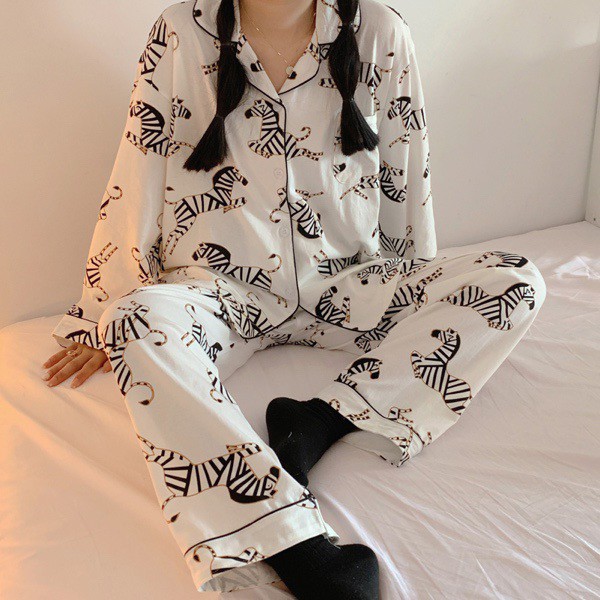 Bộ ngủ pijama dài tay thu đông ngựa vằn vải cotton