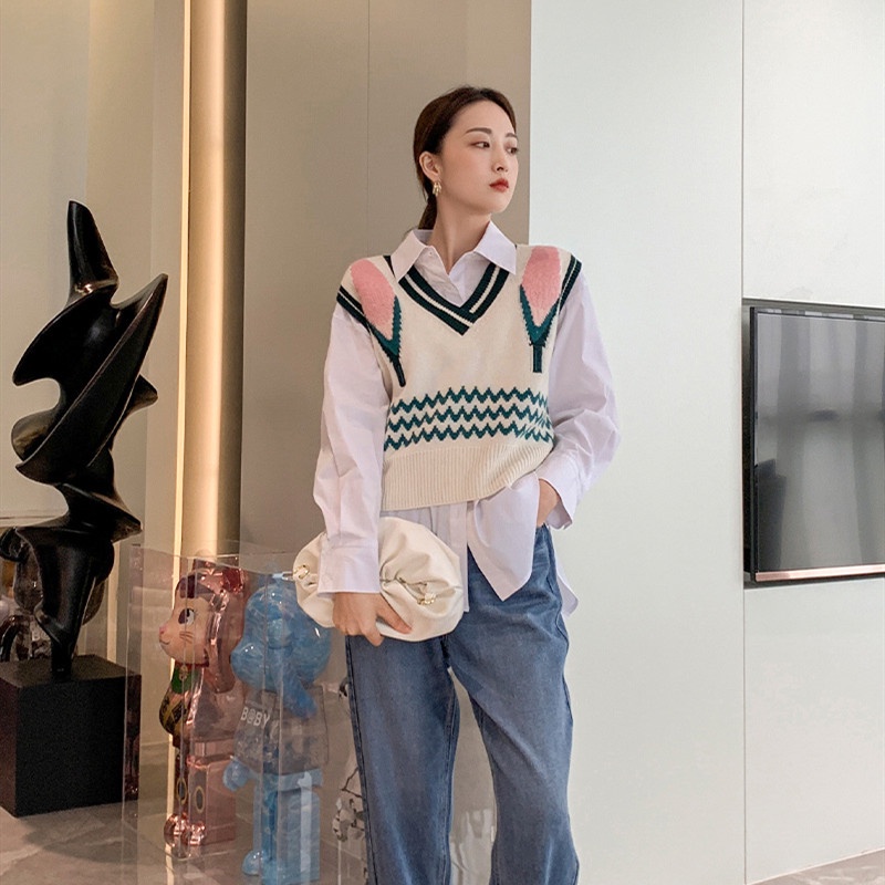 Áo Khoác Len Không Tay Cổ Chữ V Dáng Rộng Màu Sắc Tương Phản Thời Trang Mùa Thu Cho Nữ