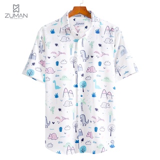 Áo sơ mi nam ngắn tay vải lụa thiết kế hoạ tiết khủng long hoạt hình - ZUMAN - ASM83