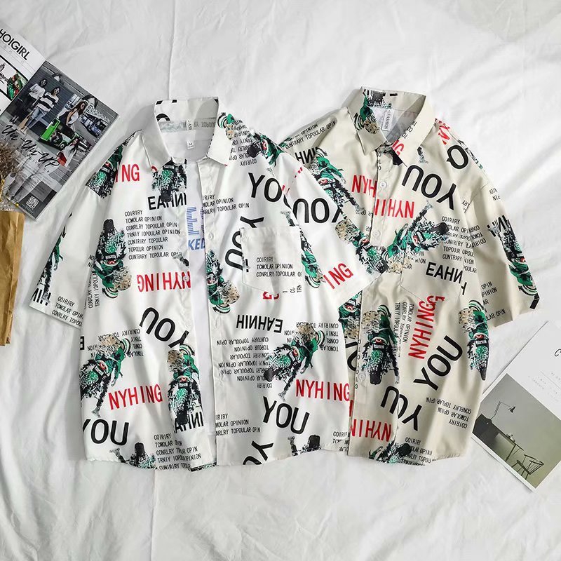 YJ Ღ『M-3XL』Spot Real Shot New Summer Trend Urban Fashion Wild Loose Comfortable Irregular English Printing Printed Men's Short-sleeved Shirt