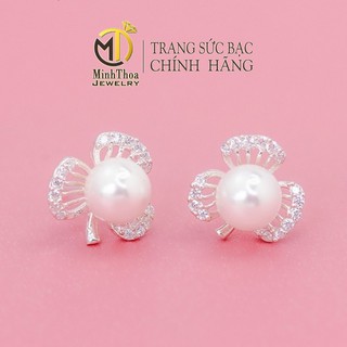 Bông tai nữ bạc đẹp, khuyên tai kiểu hoa ba cánh đính đá ôm hạt tròn-Minh Thoa Jewelry