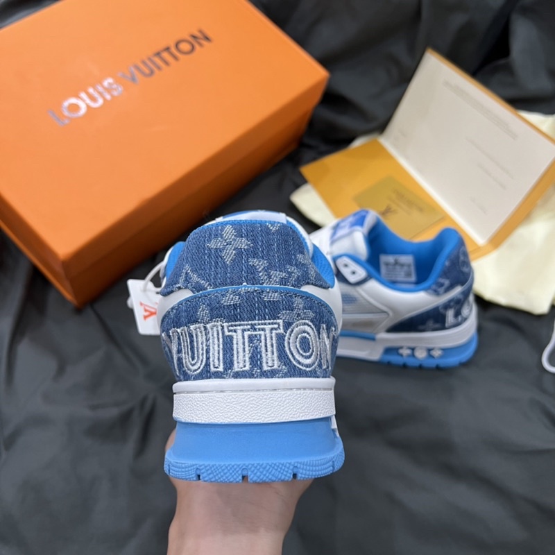 GIÀY LV TRAINER TRẮNG XANH QUAI DÁN BLUE WHITE LAI AU NAM NỮ CAO CẤP
