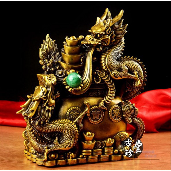 cặp rồng phong thủy tiền vàng phun ngọc bằng đồng thau nguyên chất kích thước 31x28x14cm năng 5kg