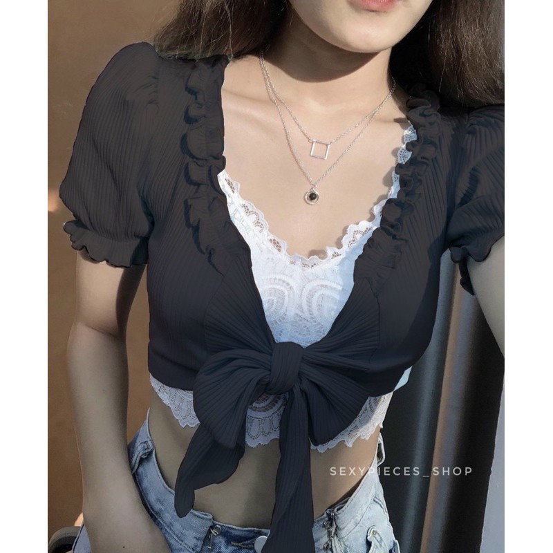 Áo Croptop cột nơ ngực cuốn biên buộc nơ trước - Z7NP