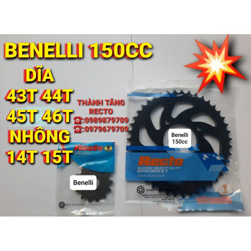 NHÔNG DĨA BENELLI 150CC DĨA 43T 44T 45T 46T NHÔNG 14T 15T RECTO CHÍNH HÃNG