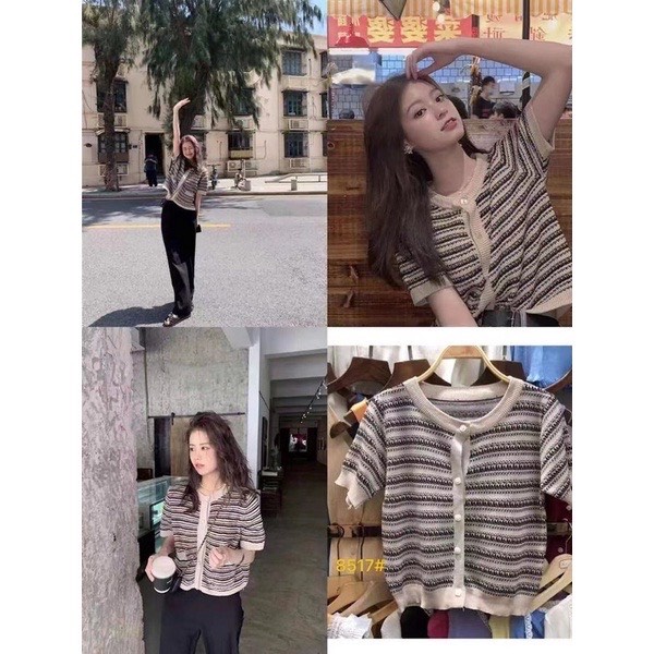 (HÀNG SẴN)ÁO LEN KẺ SỌC NỀN BE CỘC TAY CỔ TRÒN DÁNG CROPTOP | BigBuy360 - bigbuy360.vn